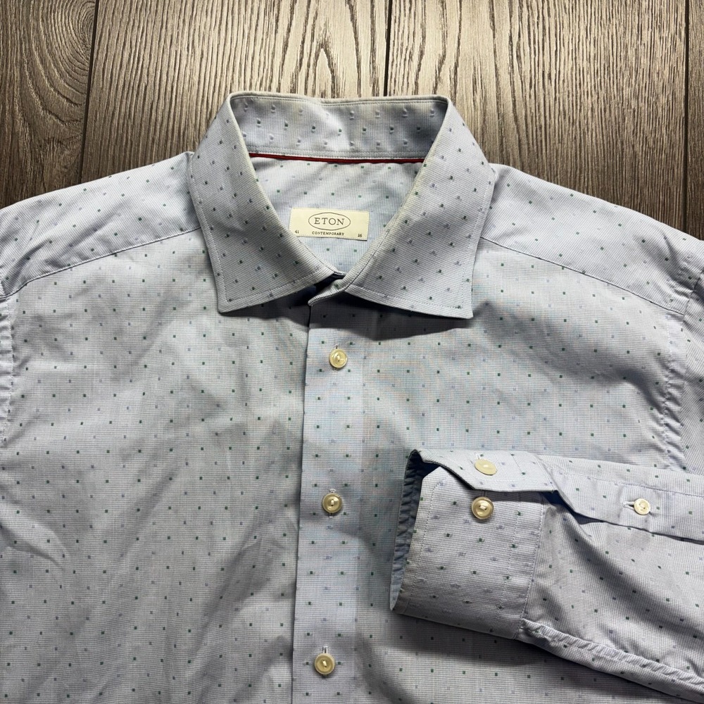 Eton Contemporary Dress Shirt Mens 41 16 Houndstooth Polka Dot Button-Up Cotton